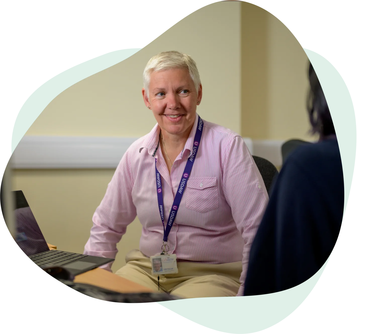 Lady wearing lanyard